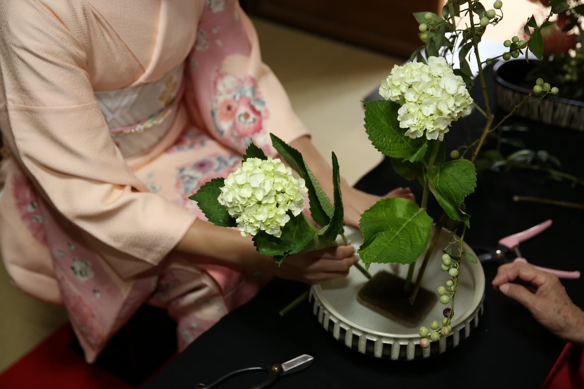 Ikebana flower arranging session